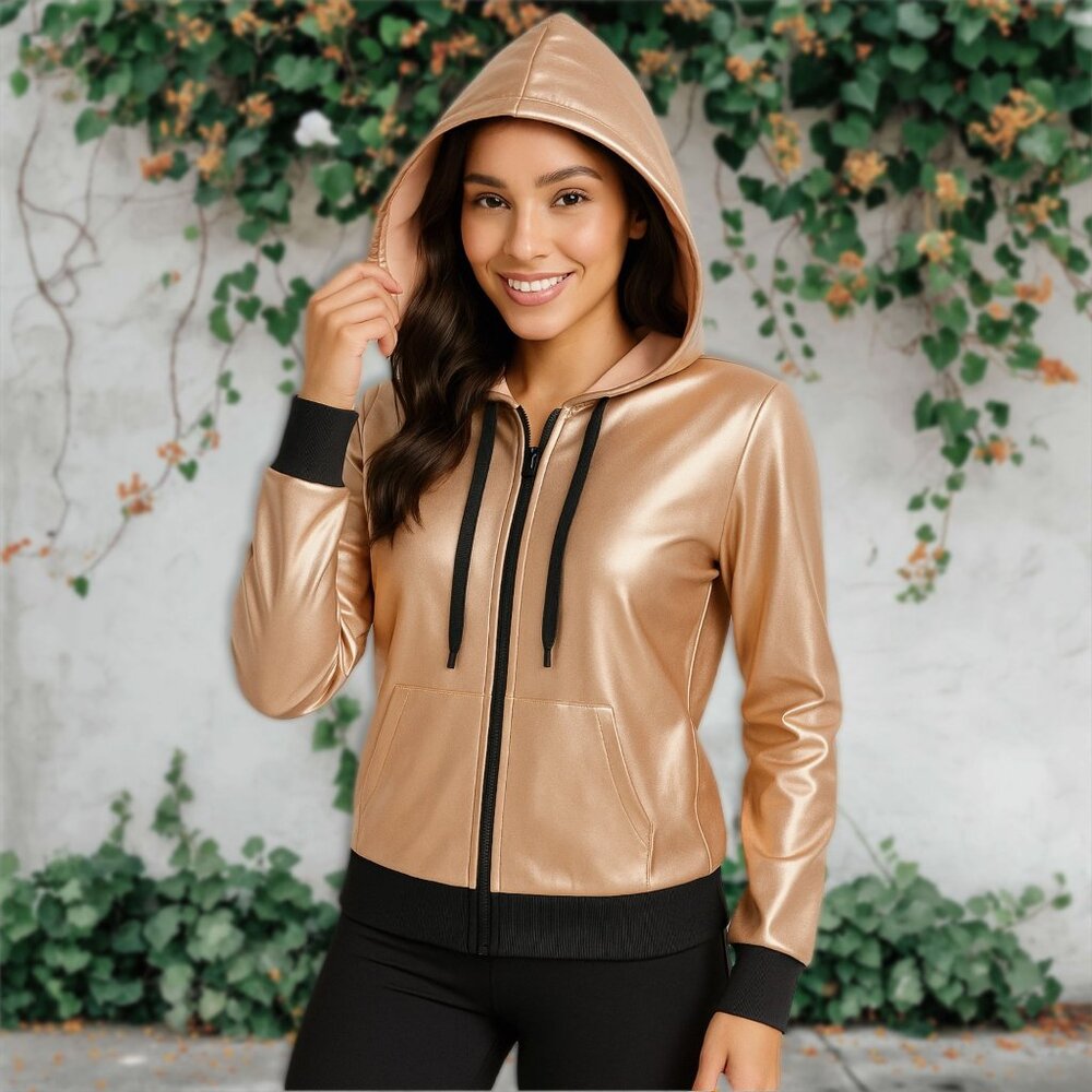 Material Girl Active Metallic Full Zip Jacket Fleece Hooded Athletic Sweater MED
